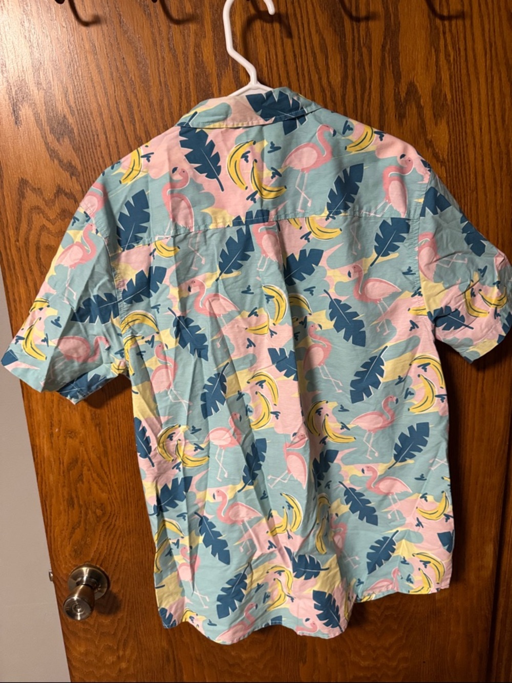 Men’s Tropical Flamingo Short Sleeve Shirt - Pastel Pink/Blue - Picture 3 of 3
